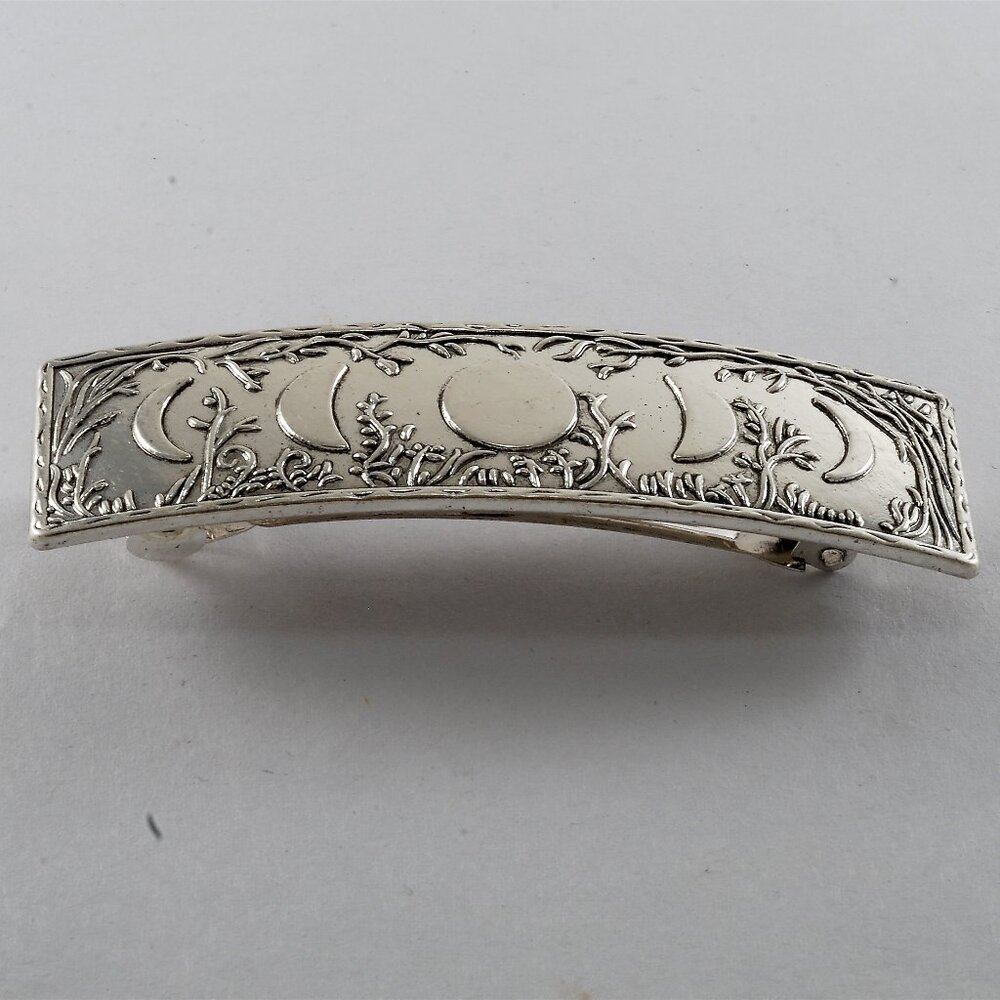 Vintage Hair Barrette SilverTone Metal Moon Phase Top Hair Accessory 1"x 3 1/2"